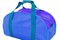 A blue, purple and green duffle bag