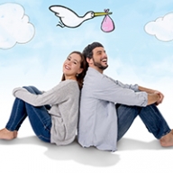 A couple sitting together with a stork drawn in the background